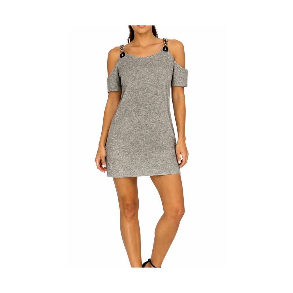 Michael Kors Dress Womens Size XL Gray Mini Stretch Chain Strap Lined Cold Shldr